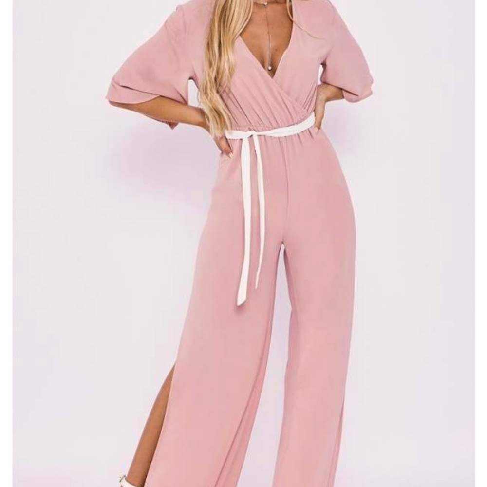 Billie Faiers Nude Wrap Front Palazzo Jumpsuit